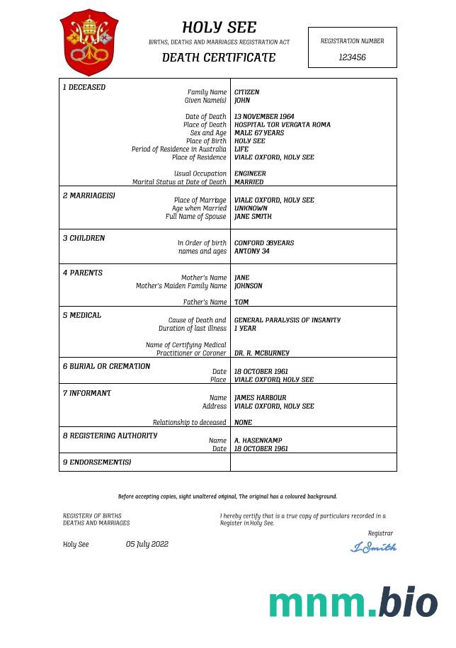 Holy See rekord życiowy śmierć certyfikat Word i PDF szablon